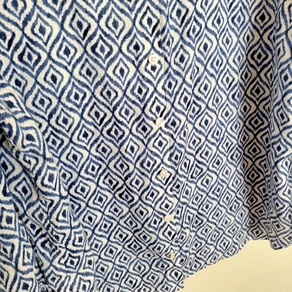 CHICO'S No-Iron Linen Diamond Ikat-Print Roll-Tab Sleeve Shirt sz 16/18 - Picture 4 of 10